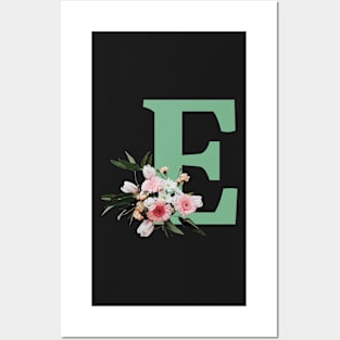 Letter E green with colorful flowers Posters and Art